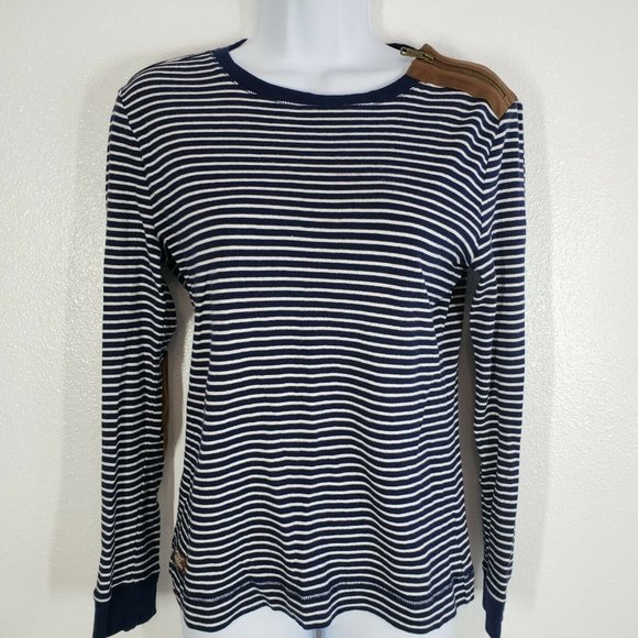 Lauren Ralph Lauren Womens top blue White Striped leather patch Shirt Medium - Picture 7 of 10